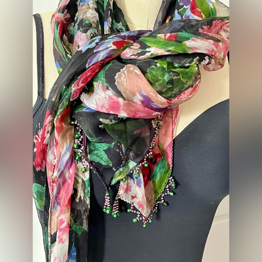 Vintage beaded floral oversized scarf shawl wrap 41” square